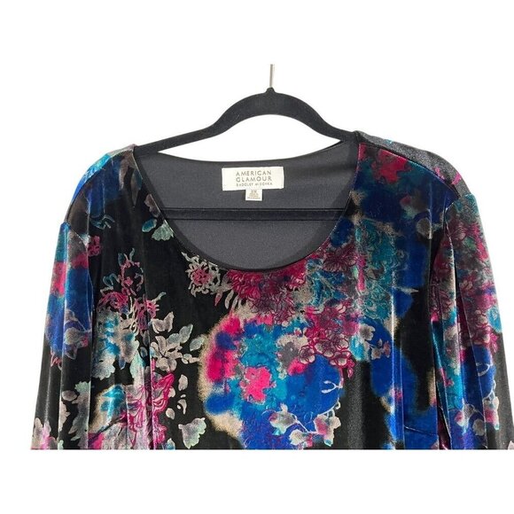 Badgley Mischka Velour Floral Top 2X Blue Retro Boho Western Coastal Preppy 80s - Picture 3 of 15